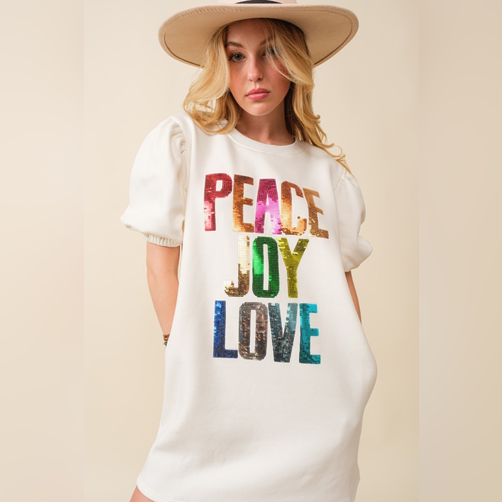 Sequin Peace Joy Love Dress